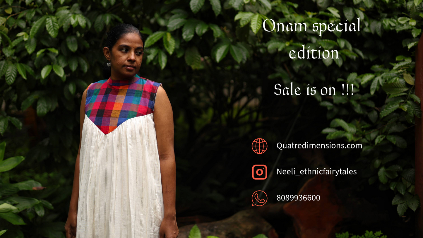 Neeli's pure mul cotton A line kurti blended with Madras kattam with optional sleeves
