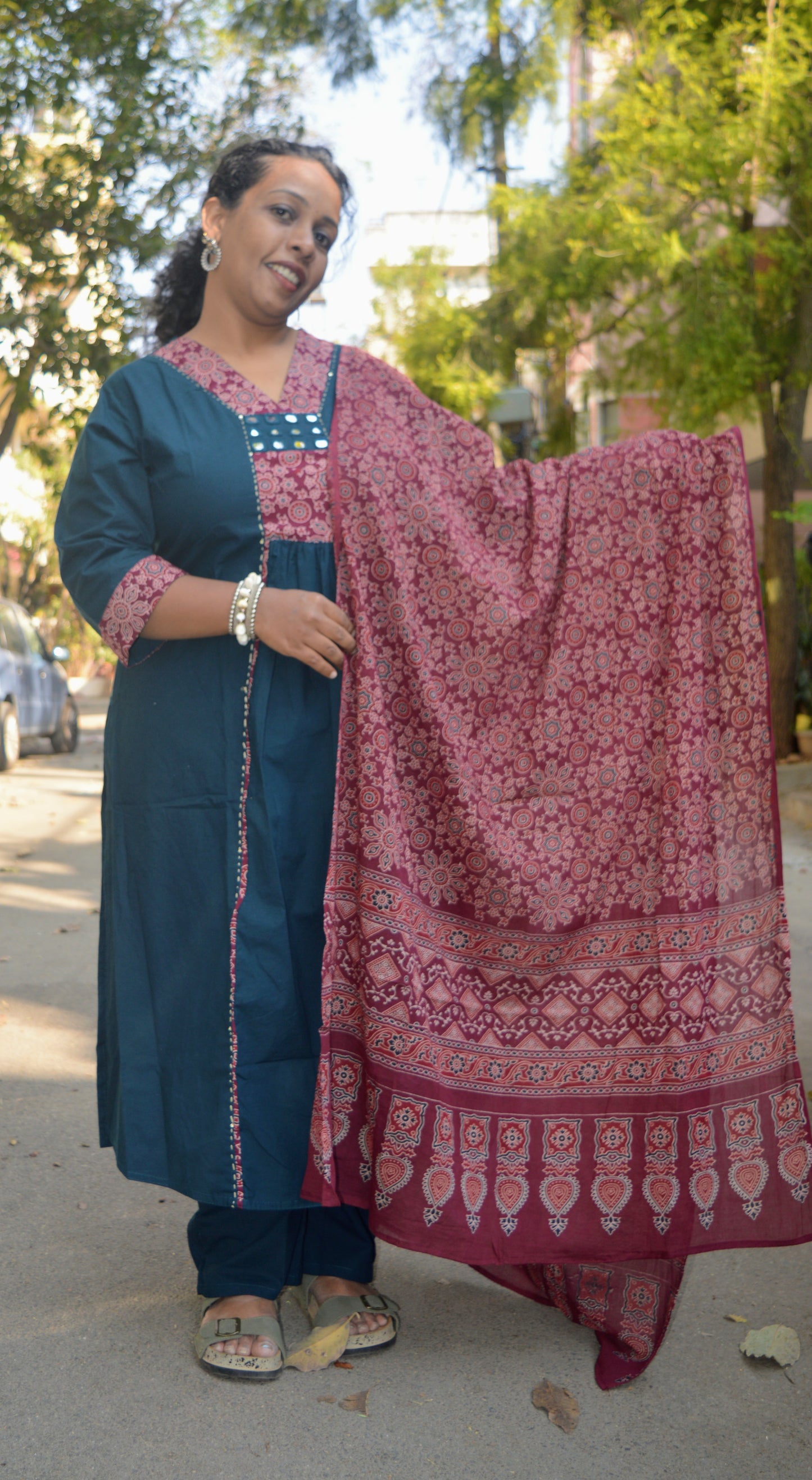 Neeli's Teal Green Ajrakh Kurti Set with deep wine ajrakh duppata(K03AJ08TG)