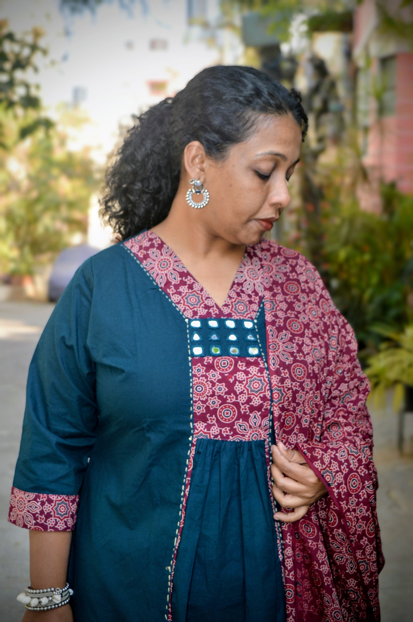 Neeli's Teal Green Ajrakh Kurti Set with deep wine ajrakh duppata(K03AJ08TG)