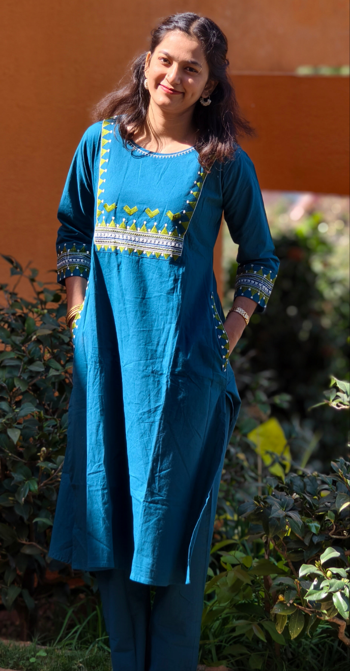 Neeli's ethnic deep teal blue kurthi set with embroidery work(K02EB04PB)