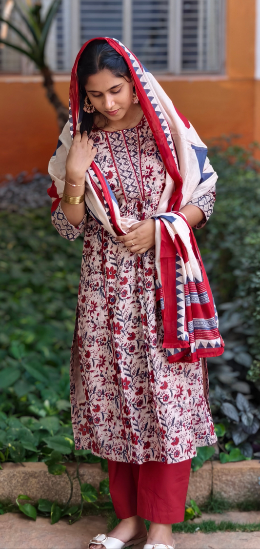 Neeli's artisanal mul cotton bagru printed kurti set with dupatta(K03BG01BG)