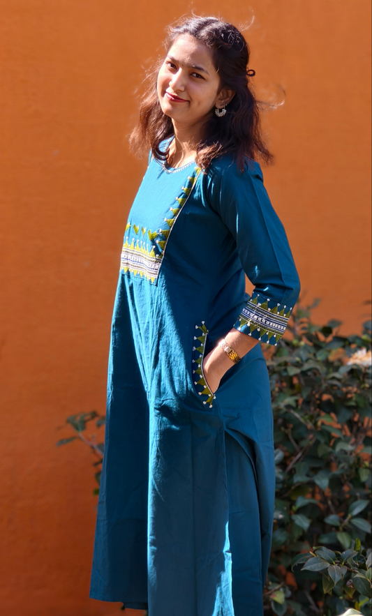 Neeli's ethnic deep teal blue kurthi set with embroidery work(K02EB04PB)