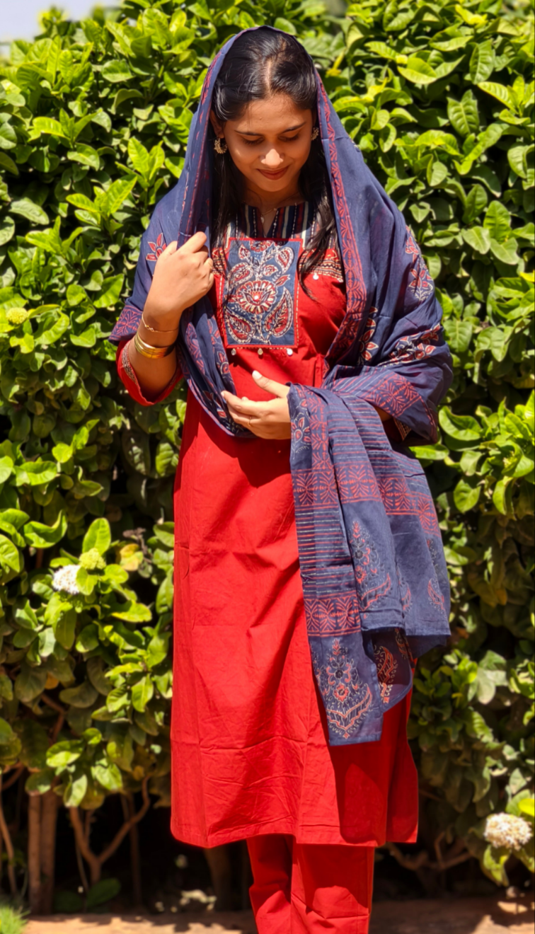 Neeli's ajrakh patchwork kurti set with dupatta (K03AJ05BR)