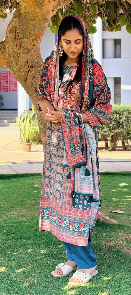 Neeli's ajrakh printed crepe silk kurti set with dupatta (K03BP08TG)