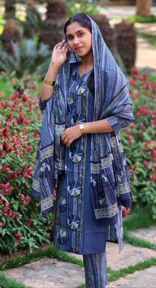Neeli's traditional indigo blue ajrakh motifs cotton kurti set with dupatta (K03AJ02IB)