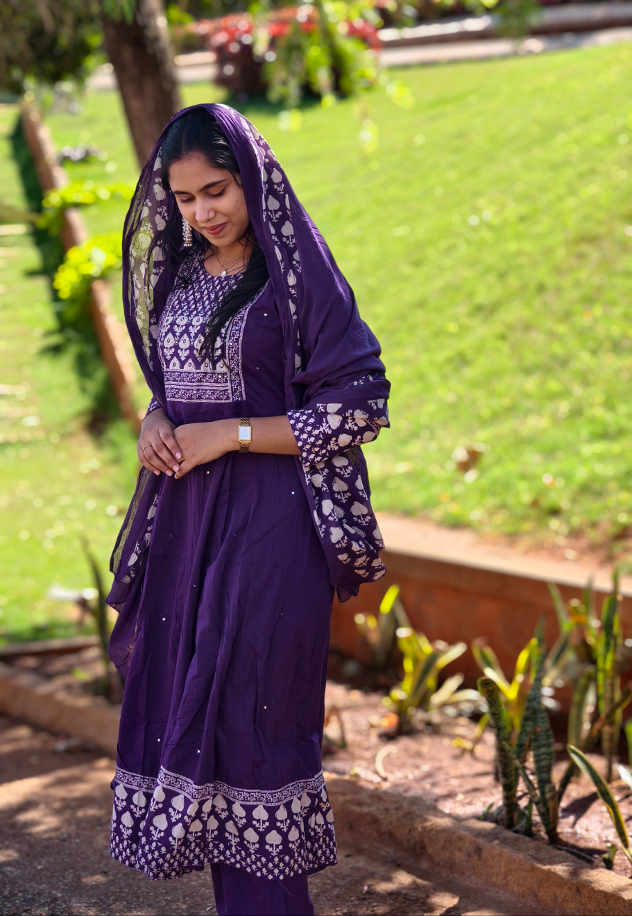 Neeli's bagru printed anarkali style soft cotton kurti set with dupatta (K03BP03PL)