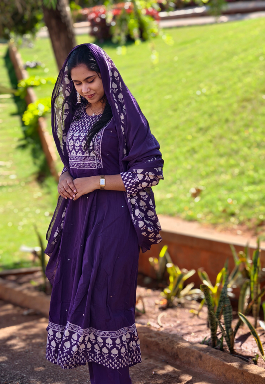 Neeli's bagru printed anarkali style soft cotton kurti set with dupatta (K03BP03PL)