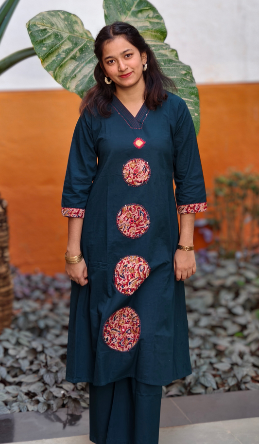 Neeli's ethnic kalamkari applique A line cotton kurti set (K02AJ04DG)