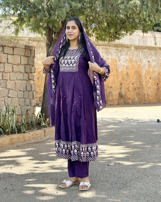 Neeli's bagru printed anarkali style soft cotton kurti set with dupatta (K03BP03PL)