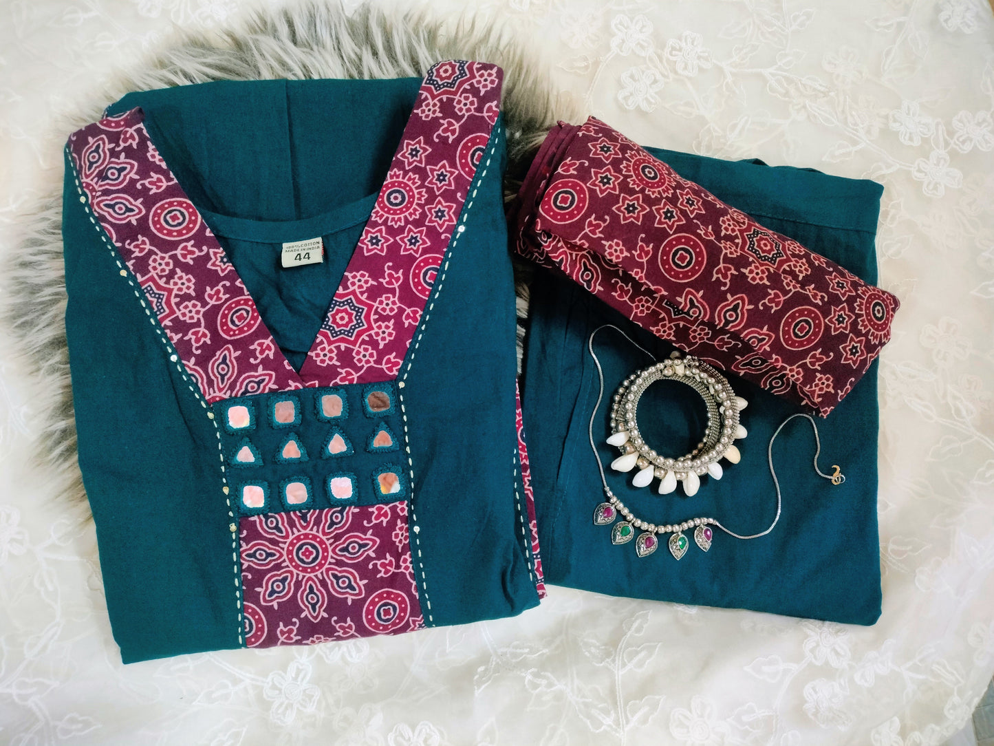Neeli's Teal Green Ajrakh Kurti Set with deep wine ajrakh duppata(K03AJ08TG)
