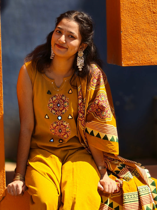 Neeli's decorative ajrakh patchwork solid mustard yellow kurti set with dupatta (K03AJ03MY)
