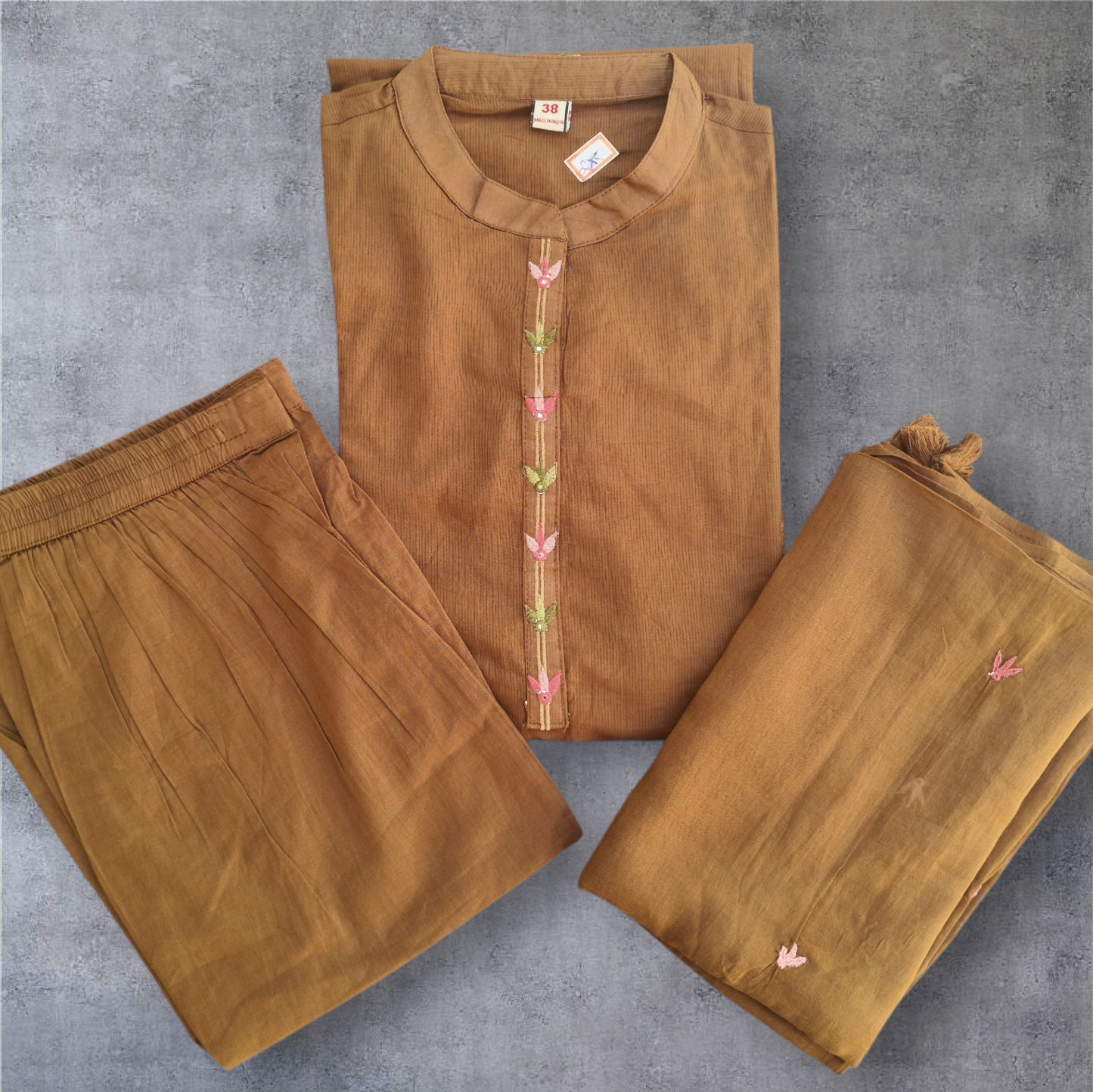 Neeli's earthy chocolate brown embroidered kurti set with dupatta (K03EB01BR)