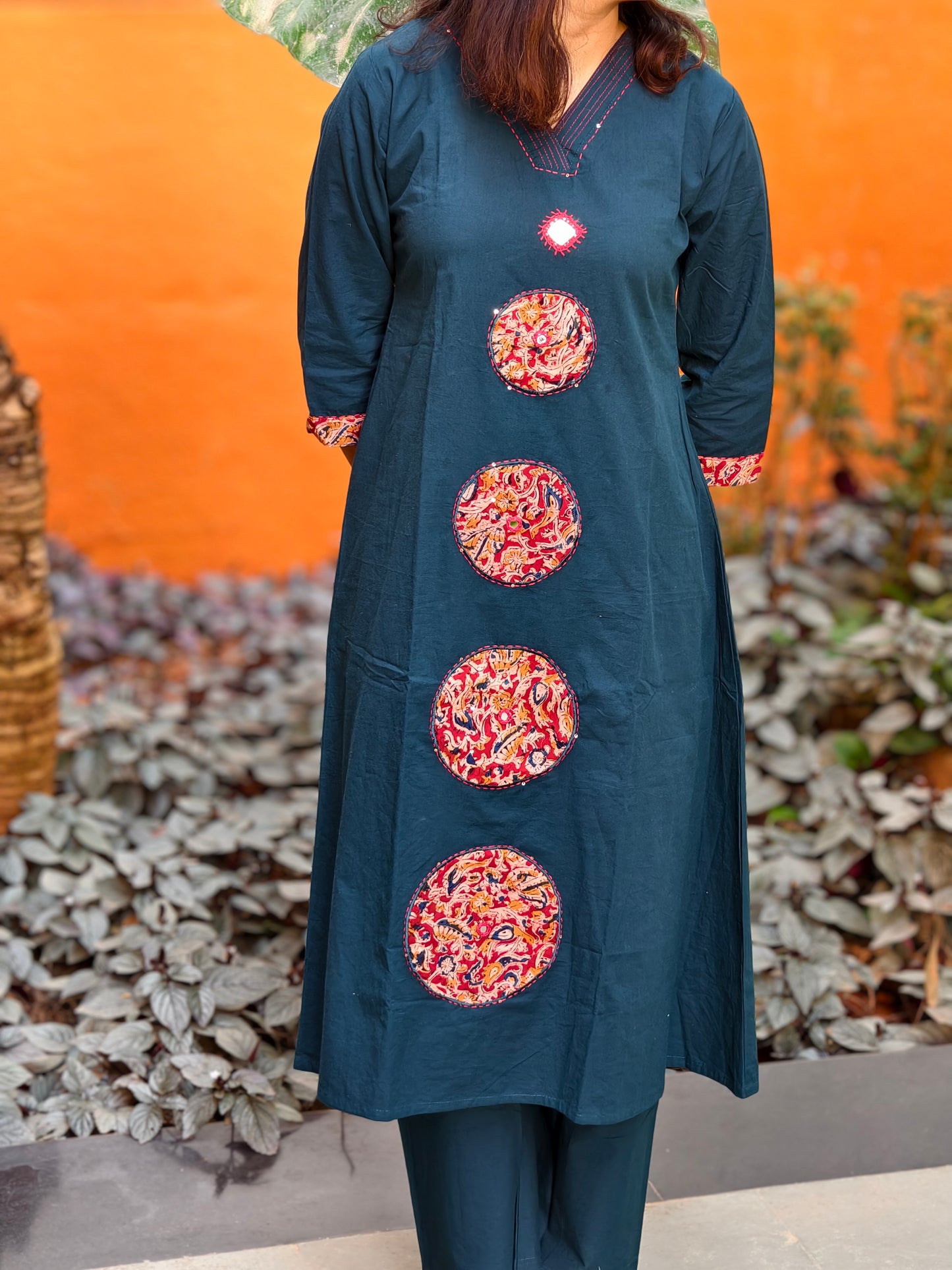 Neeli's ethnic kalamkari applique A line cotton kurti set (K02AJ04DG)