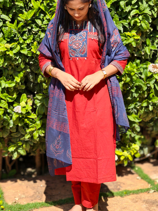 Neeli's ajrakh patchwork kurti set with dupatta (K03AJ05BR)