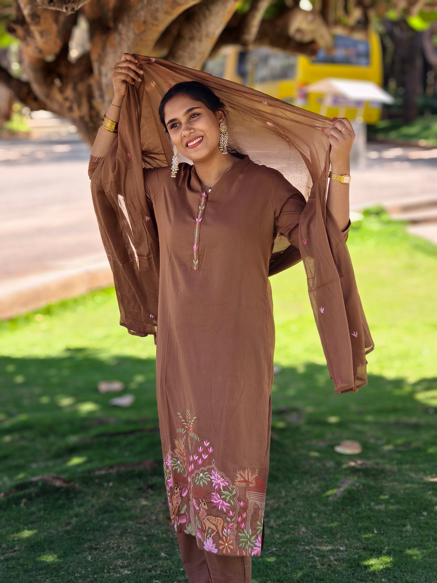 Neeli's earthy chocolate brown embroidered kurti set with dupatta (K03EB01BR)