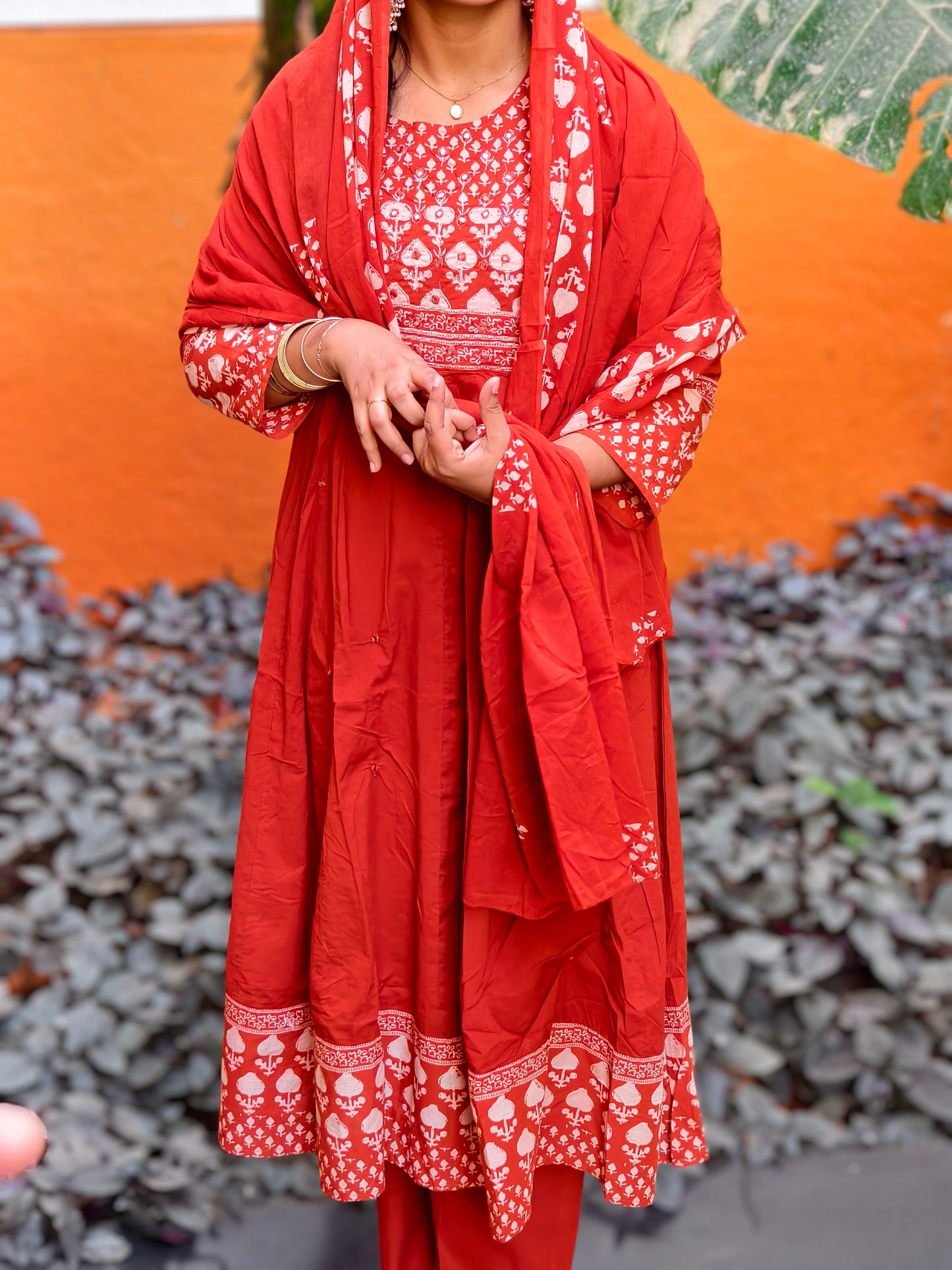 Neeli's bagru printed anarkali style soft cotton kurti set with dupatta (K03BP02RO)