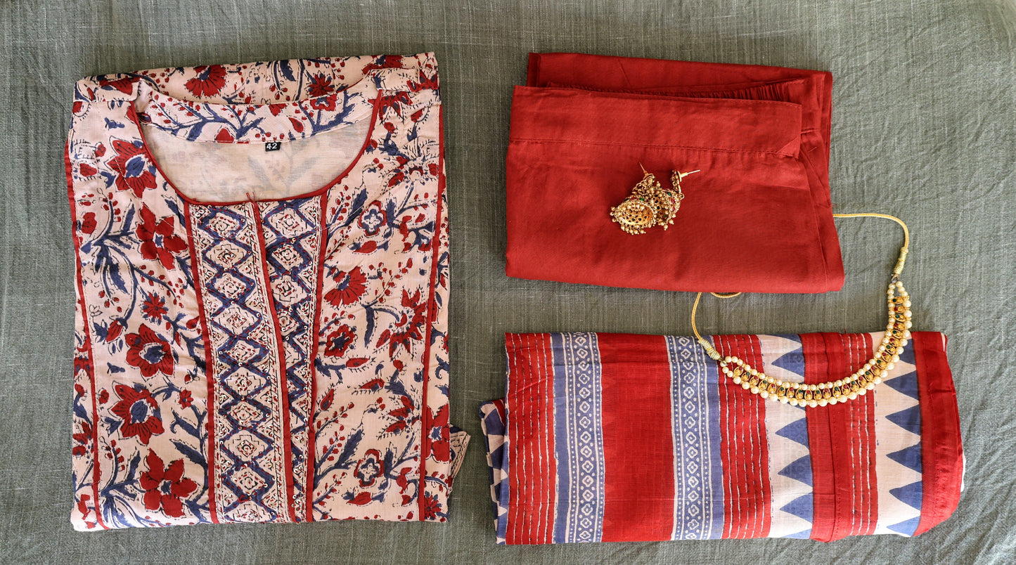 Neeli's artisanal mul cotton bagru printed kurti set with dupatta(K03BG01BG)
