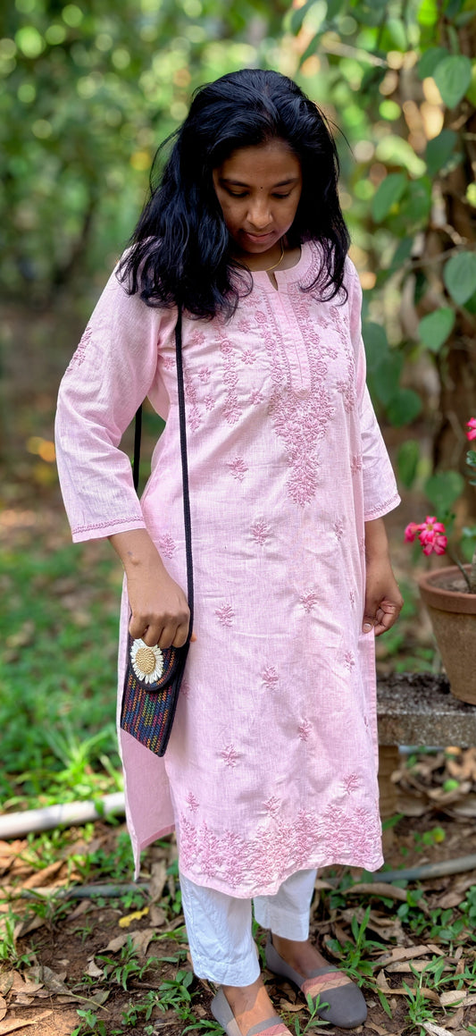Neeli's Hand Embroidered Lucknowi Chikankari Kota Cotton Straight Kurta (K01CK03BP)